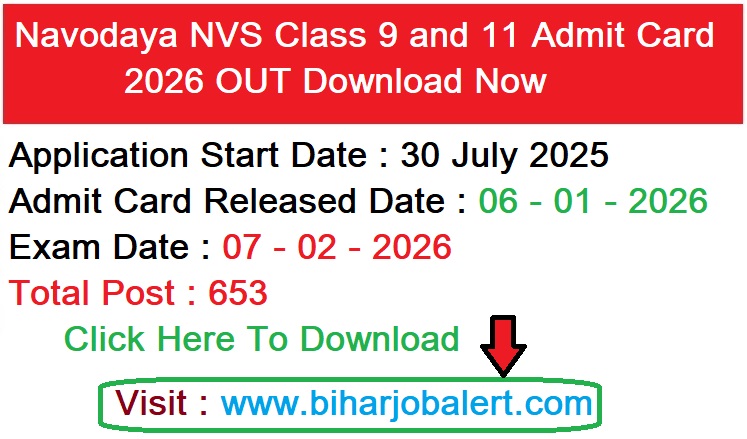 Navodaya NVS Class 9 and 11 Admit Card 2026