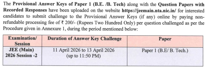 NTA JEE Main Session 2 Answer Key 2026 Notice Released