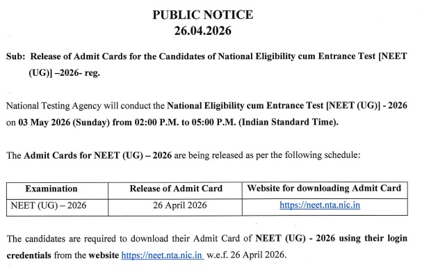 NTA NEET UG Admit Card 2026 Notice