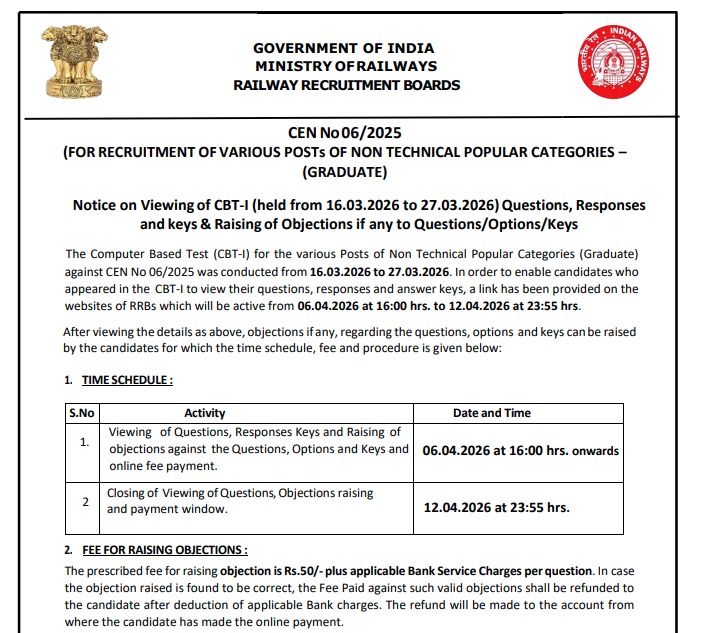 RRB NTPC Graduate Level CBT – I Answe Key 2026