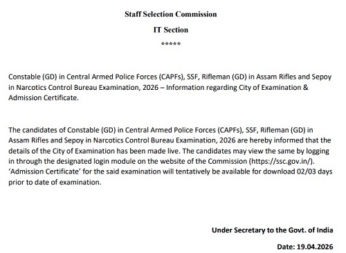 SSC GD Constable Admit Card 2026 Admit Card Notice