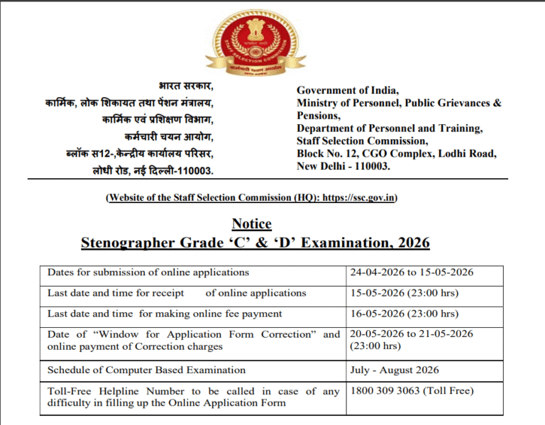 SSC Stenographer Vacancy 2026 Notification