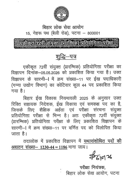BPSC Bihar Public Service Commission 72nd Vacancy 2026 Short Notice