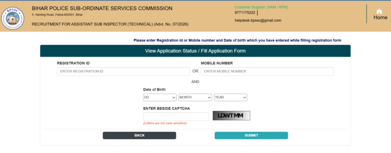 BPSSC Bihar Police ASI Technical Vacancy 2026 Login Page