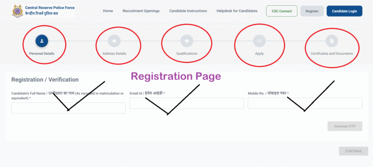 CRPF Constable Tradesman Vacancy 2026 Registratiob Page