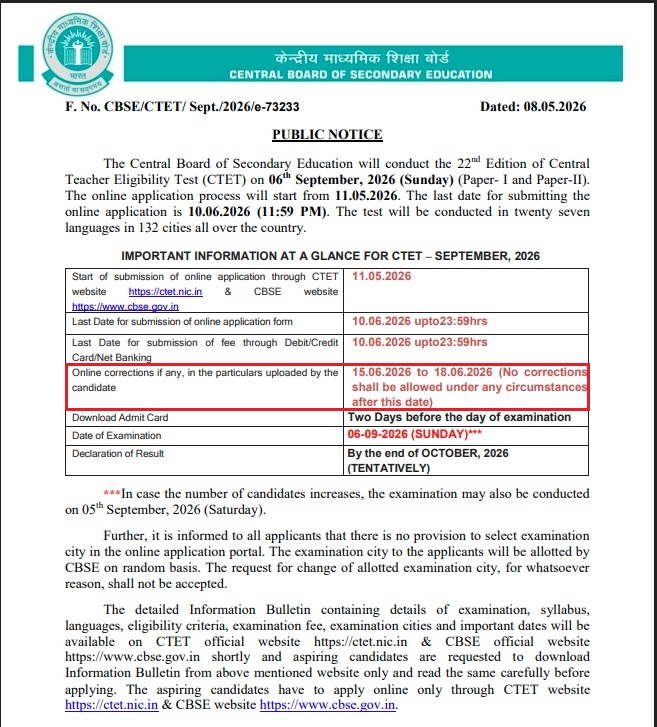 CTET September Form 2026