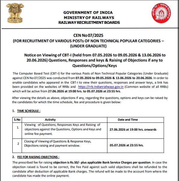 RRB NTPC Inter Level Answer Key 2026 Notice