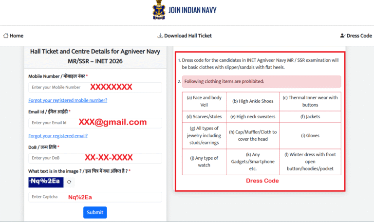 SSR Indian Navy Agniveer MR Admit Card Login Page