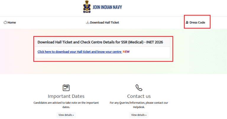 SSR Indian Navy Medical Assistant Admit Card 2026 Home Page View
