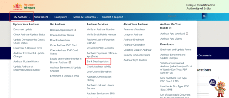 UIDAI BANK LINK STATUS CHECK