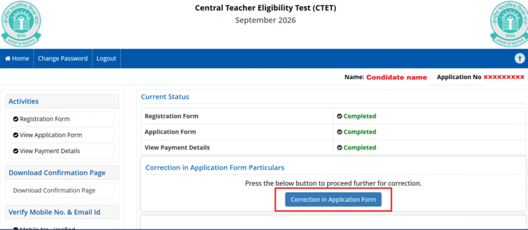 CTET September Form 2026 Correction
