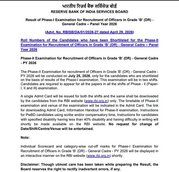 RBI Officer Grade B Phase-I Result 2026